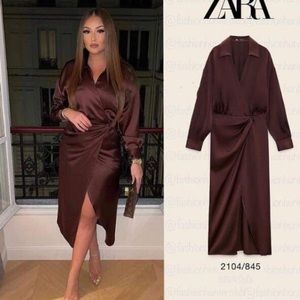 Zara- long sleeve brown satin dress
